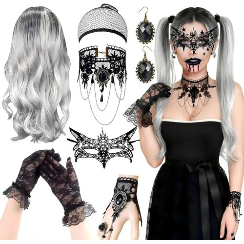 Perruque Femme Halloween - Perruque Bouclée Argentée-Grise De 70cm Avec Collier Gothique, Gants En Dentelle, Boucles D¿Oreilles, Perruque De Sorcière Gothique Pour Carnaval, Fêtes À Thème & Cosplay
