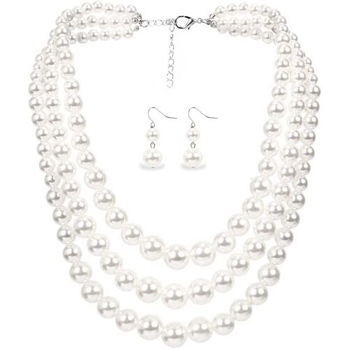 Collier Ras Du Cou Vintage À Plusieurs Rangées De Perles Artificielles Rondes Blanches Superposées Années 20 - Collier Long Délicat Pour Mariage, Fête Gatsby Avec Boucles D'oreilles - 6410,