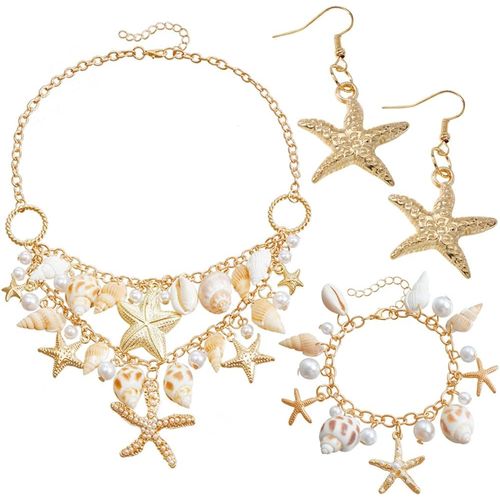 Costume De Sirène Femme Set, Boucles D'oreilles Étoile De Mer, Collier Étoile De Mer Coquillage, Bracelet De Perles Shell, Accessoires Deguisement Sirène, Carnaval Costume Fête Thème