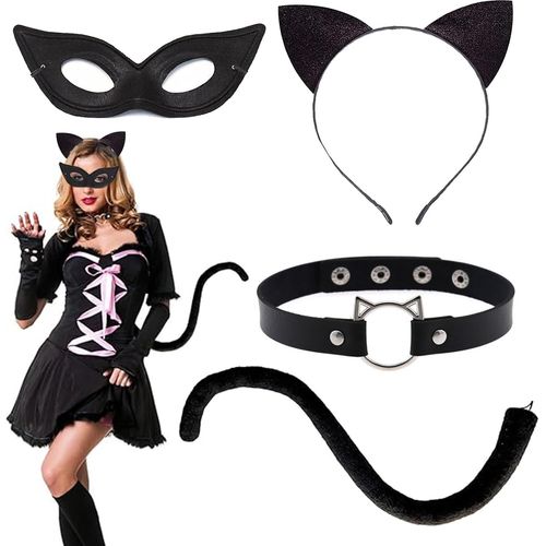 Lot De 4 Costumes De Chat Pour Femme, Avec Oreilles De Chat, Serre-Tête, Queue En Peluche, Collier Et Masque Pour Halloween, Carnaval, Fête Costumée