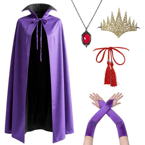 Costume De Cosplay De Reine Méchante - Manteau D'halloween - 6 Pièces Avec Couronne, Collier, Gants, Ceinture, Pour Femme Et Adulte - Halloween - Carnaval - Cosplay - Mauve - Cape Violette