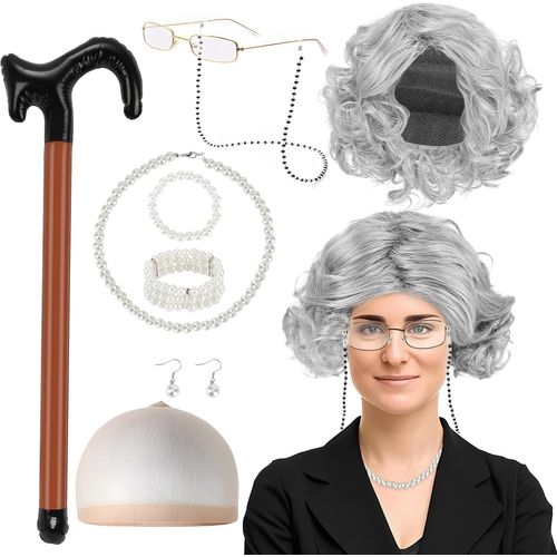 9 Pièces Deguisement Grand Mere, Deguisement Mamie Avec Bonnet Perruque, Collier De Perles, Boucles D'oreilles, Bracelet, Canne Gonflable Et Lunettes Avec Chaîne, Perruque Vieille Dame