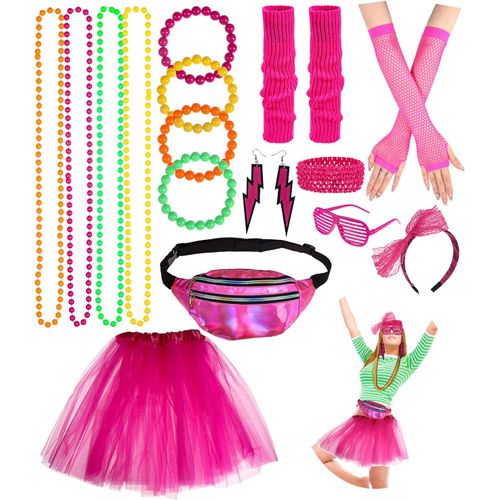 Deguisement Année 80 Femme Accessoire Fluo,Jupe Tutu Pour Adulte, Jambières, Gants En Résille,Sac Banane,Lunette,Bandeau,Disco Costume Vetement Fête Néon Tutu Fluo, 1980 Costume De Fête