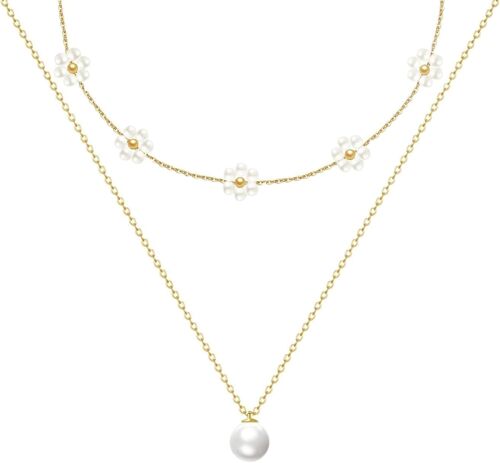 Collier Ras Du Cou Superposé Avec Perles Et Marguerites Pour Femmes, 40 Cm Et 50 Cm Réglable Acier Inoxydable Doré, Bijoux Floraux Minimalistes, Cadeau Pour Elle