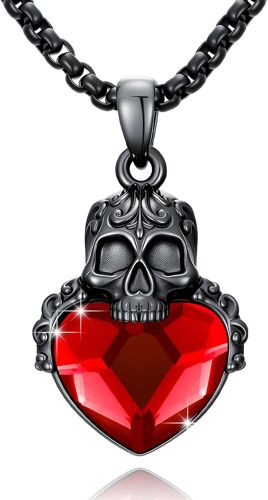 Collier Tête De Mort En Argent Sterling 925 Avec Pendentif Tête De Mort Noire Avec Cristal Rouge, 25 *25mm/0.98 *0.98 Zoll, Argent Sterling, Cristal
