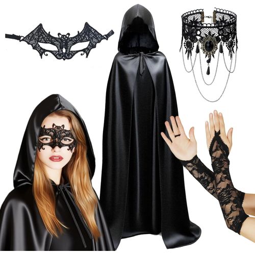 Costume De Sorcière Pour Femme, Ensemble De Costume D'halloween, Cape Pour Femme Avec Capuche, Masque En Dentelle, Gants En Dentelle Et Collier, Costume De Vampire Pour Femme (150 Cm)