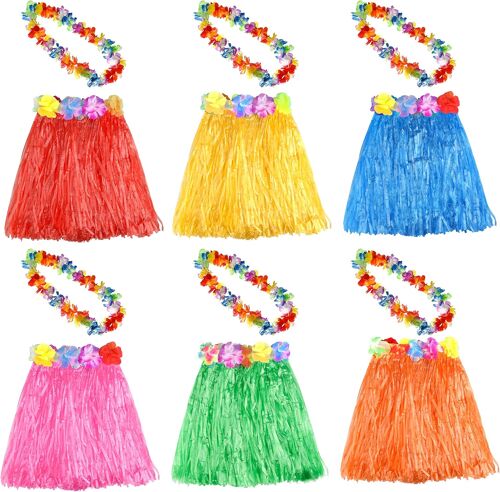 6 Set 12 Pcs Hawaiian Herbe Hula Jupe Avec Fleur Leis Collier Hawaii Luau Jupes Collier Costume Déguisements Pour Enfants Filles Femmes Luau Fête Anniversaire (Couleur Aléatoire)