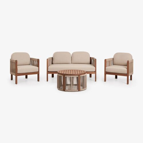 Ensemble De Jardin Serel Avec Canapé 2 Places, 2 Fauteuils Et Table Basse En Bois D'acacia Brun Acacia