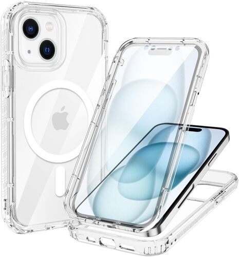 KALANKA-Coque pour iPhone 15 Magnétique Compatible avec MagSafe, 360 Degrés Intégrale Protégé Téléphone Etui avec intégré Protection écran, Antichoc Anti-Rayures Anti-jaunissement, Transparent
