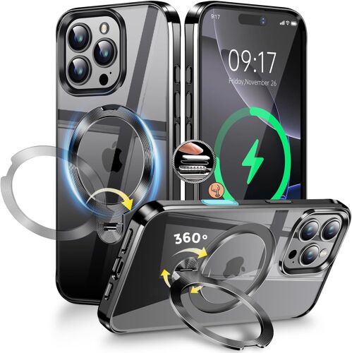 [Anneau en Métal CD& 360° Rotation Support Invisible] Coque Magnétique pour iPhone 16 Pro [Compatible Magsafe] [Pare-Chocs Antichoc Galvanisé] Coque Fine Transparente avec Support \u2013 Noir