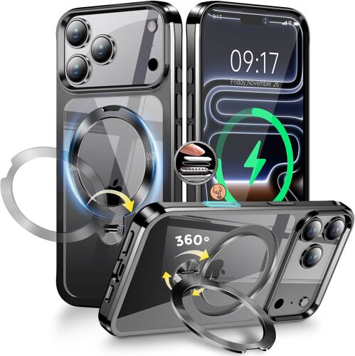 [Anneau en Métal CD& 360° Rotation Support Invisible] Coque Magnétique pour iPhone 17 Pro Max [Compatible Magsafe] [Pare-Chocs Antichoc Galvanisé] Coque Fine Transparente avec Support \u2013 Noir