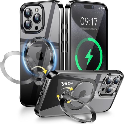 [Anneau Métallique CD & 360° Rotation Support Invisible] Coque Magnétique pour iPhone 14 Pro Max [Compatible Magsafe] [Pare-Chocs Antichoc Galvanisé] Coque Fine Transparente avec Support \u2013 Noir