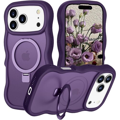 Coque Magnétique pour iPhone 17 Pro Max 6,9 Pouces Compatible avec Magsafe avec Support à Anneau Invisible, Curly Wave Frame Soft Silicone Bumper Matte Clear Protectrice Case - Violet foncé