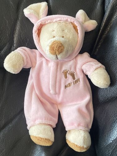 Doudou peluche ours blanc et marron déguisée en lapin rose baby love 23cm