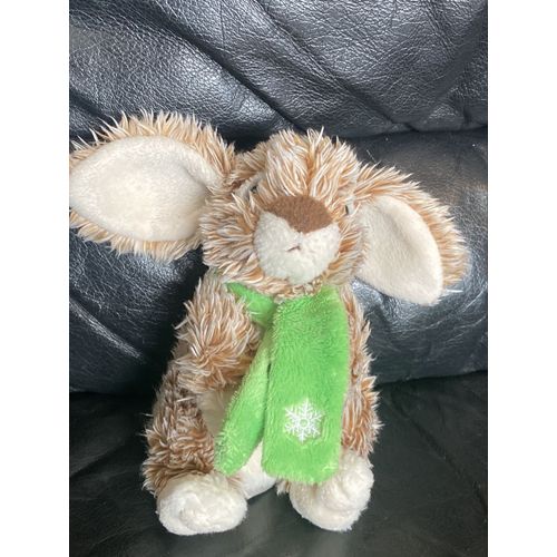 Doudou peluche lapin assis marron Echarpe verte lascar 24cm
