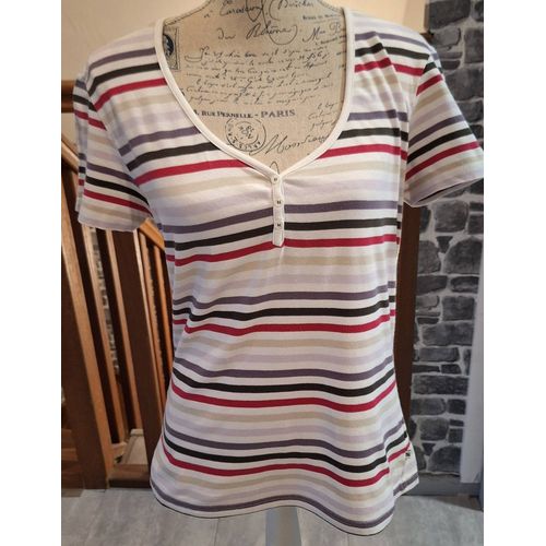 Tee-Shirt Au Col Boutonné Blanc À Rayures Fuschia, Mauve Et Beige