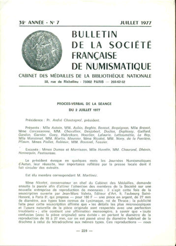 Bulletin De La Société Française De Numismatique . Cabinet Des Médailles De La Bibliothèque Nationale . No 7