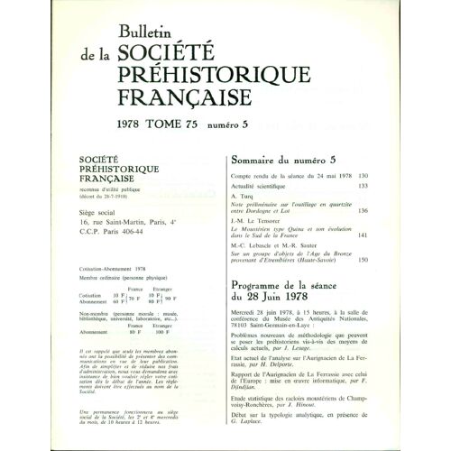 Bulletin De La Société Préhistorique Française . Tome 75. No 5