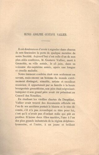 Henri Adolphe Gustave Vallier . Article Necrologique