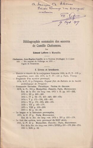 Bibliographie Sommaire Des Oeuvres De Camille Chabaneau