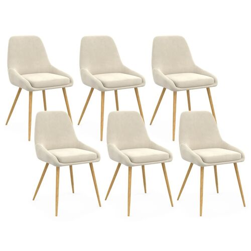 Lot de 6 chaises de salle à manger THALYA en velours beige et pieds effet bois avec accoudoirs