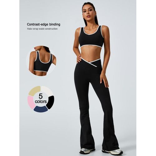 New Women'S Contrasting Border Bra And Wide Leg Pants Sports Suit Yoga Suit
