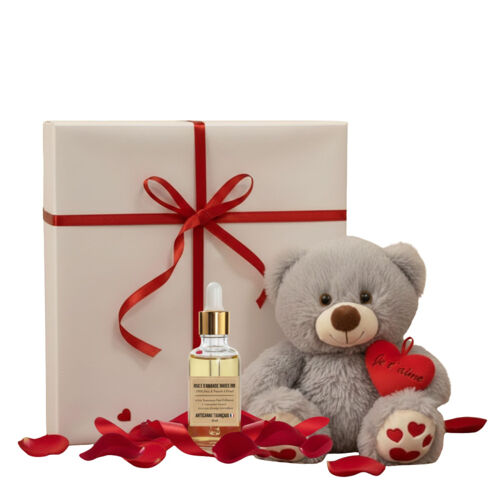 Coffret Cadeau Femme : Peluche Grise 25 Cm & Huile D'amande Bio - Douceur & Détente