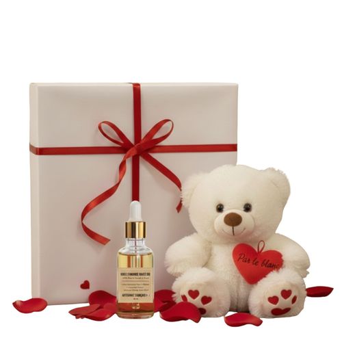Coffret Cadeau Femme : Ourson 25 Cm Blanc & Huile D'amande Bio - Style Romantique