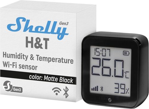 Shelly H&amp;T Gen3 Noir - Capteur de température et d'humidité connecté, Thermomètre &amp; Hygromètre intérieur/extérieur Wi-Fi, Écran eink, Horloge...