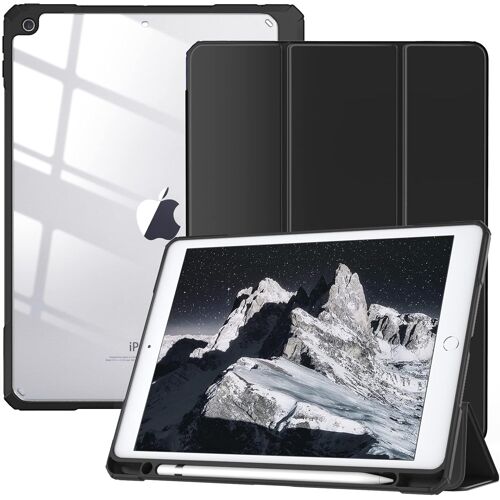 KALANKA-Coque pour iPad 9e/8e/7e G¿¿n¿¿ration 10,2 Pouces(2021/2020/2019) avec Porte-Stylo, Coque Rigide Transparente ¿¿ L'arri¿¿re, Fonction Veille/R¿¿veil Automatique, Noir