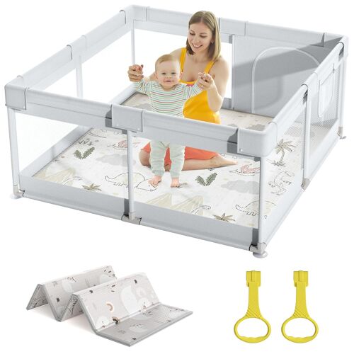 Parc Pour Bébé De 120 X 120 Cm, Idéal Pour Une Utilisation En Intérieur, Grand Parc Sécurisé Avec Structure En Filet, Gris Clair