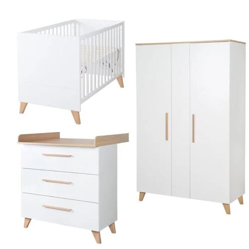 Chambre Bébé Complète Roba - Leon - Lit 60x120 Transformable En Cododo + Commode À Langer + Armoire 2 Portes - Blanc - Chêne