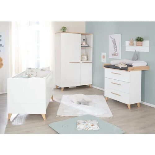 Chambre Bébé Complète Roba - Leon - Lit Évolutif 70x140 + Commode À Langer + Armoire 2 Portes 2 Niches - Blanc - Chêne