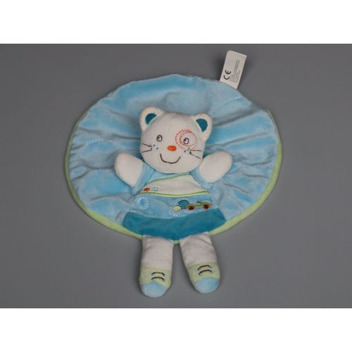 Doudou chat plat rond Nicotoy bleu vert blanc pattes voiture
