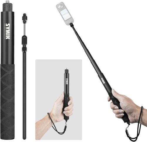 JGD-Perche à Selfie Invisible pour Insta360 120 cm / 47.2 in, Perche d'extension Portable en Alliage d'aluminium avec vis de 6,35 mm et dragonne pour Insta 360 X5 X4 Air X3 One X2 Osmo 360