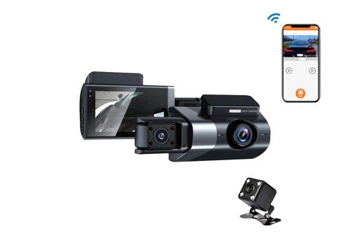Caméra embarquée WiFi 1080p avec caméras avant, intérieure et arrière, vision nocturne, capteur de gravité et enregistrement 24h/24
