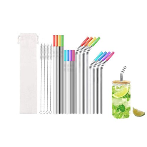 Ensemble De 20 Pailles Réutilisables En Acier Inoxydable Avec Embouts En Silicone Et Goupillons De Nettoyage