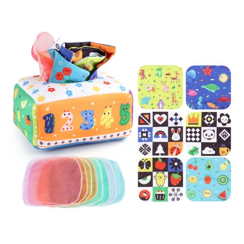 Boîte à mouchoirs sensorielle pour bébés avec chiffons - Jouet éducatif pour tout-petits