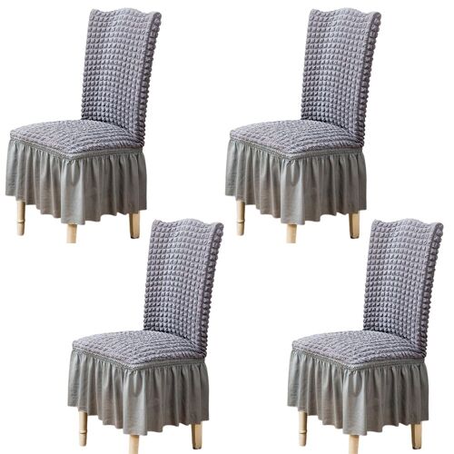 Lot de 4 housses de chaise en seersucker avec jupe en dentelle - Gris, amovibles et lavables, conviennent à différentes tailles de chaises