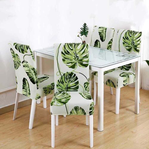 Lot de 4 housses de chaises de salle à manger élastiques à motif floral - Plume verte, convient aux chaises de 45 à 60 cm de hauteur, lavables en machine