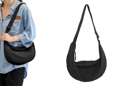 Sac bandoulière en nylon avec poche zippée - Noir, style croissant de lune