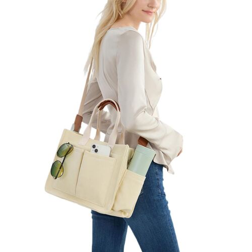 Sac cabas en toile, bandoulière, pour femme - Grand sac de travail et de voyage - Beige