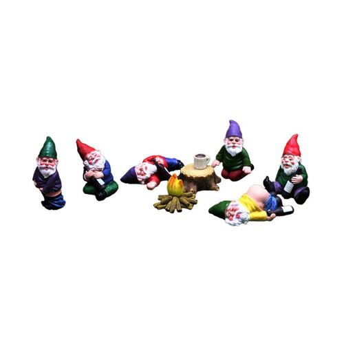 Ensemble de 9 statues miniatures de gnomes de jardin avec feu de joie, souche et tasse