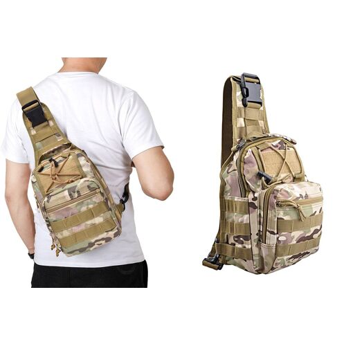 Sac bandoulière de poitrine outdoor pour homme - Camouflage kaki, bretelles réglables, multiples poches, tissu Oxford