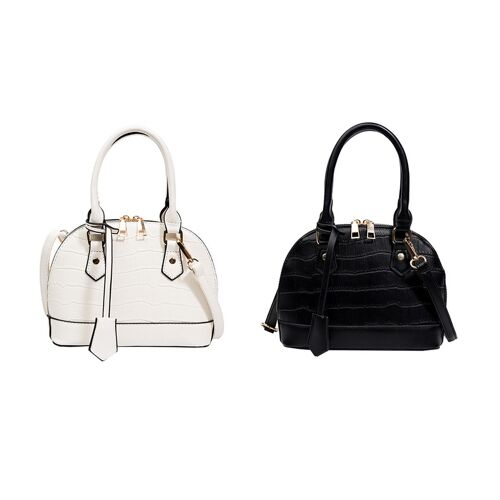 Sac bandoulière en similicuir effet croco avec pompon amovible - Blanc et noir