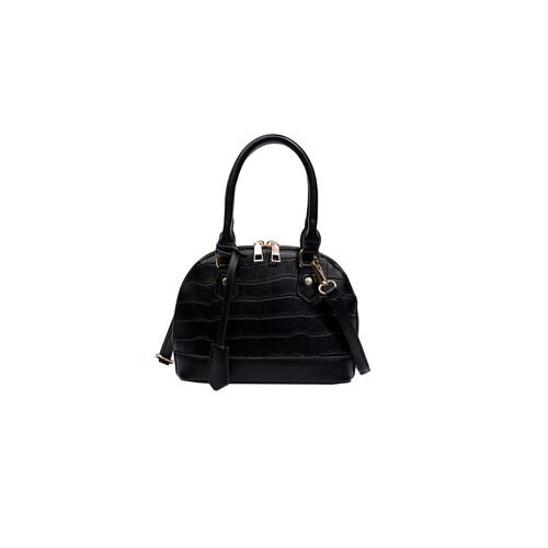 Sac bandoulière en similicuir effet croco avec pompon amovible et bandoulière réglable - Noir