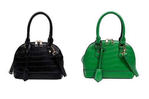 Sac bandoulière en similicuir effet croco avec pompon amovible - Vert et noir