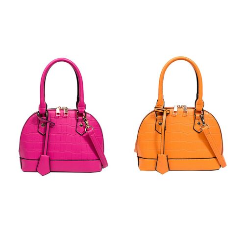 Sac bandoulière en similicuir effet croco avec pompon amovible - Orange et rose