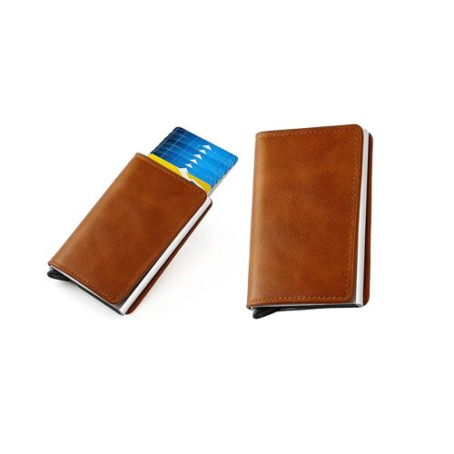 Portefeuille homme fin en cuir PU marron clair avec protection RFID, porte-cartes escamotable et rangement pour plusieurs cartes.
