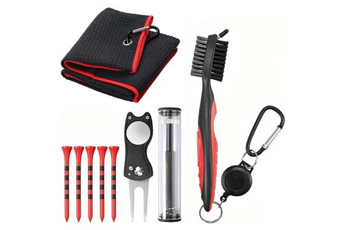 Kit De Nettoyage Pour Clubs De Golf Avec Brosse, Serviette, Affûteur De Rainures, Outil De Réparation De Divots Et Tees - Rouge